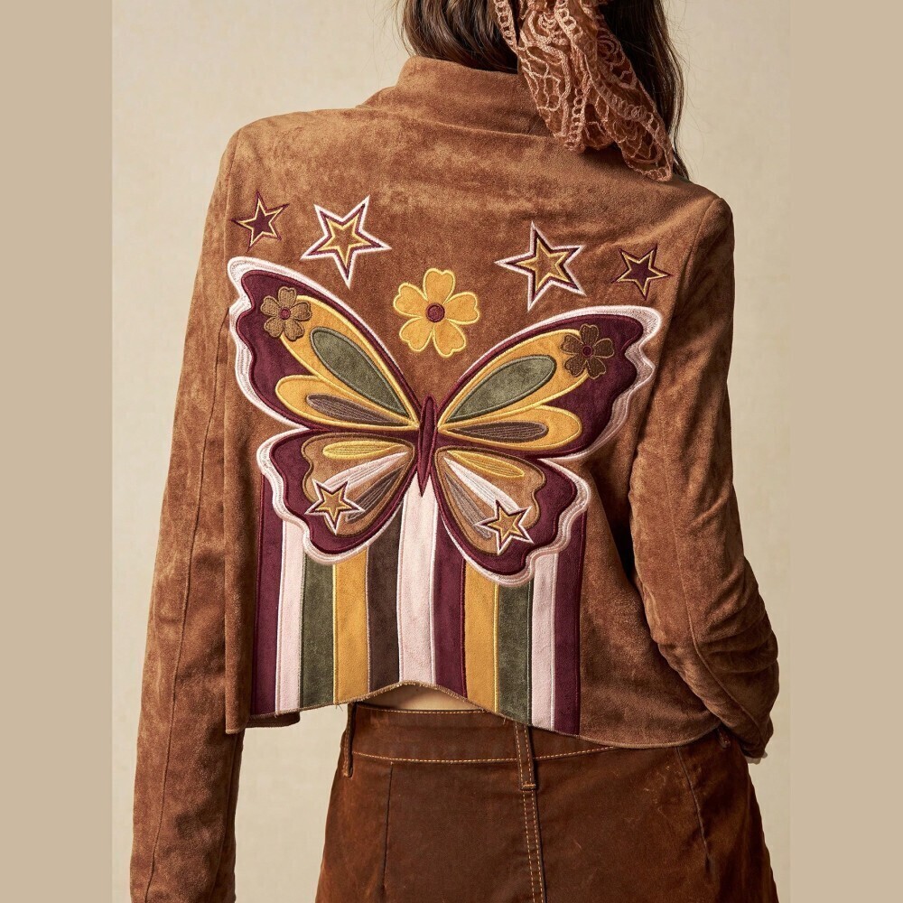 Brown Vegan Suede Butterfly Embroidered Cropped Trucker Jacket